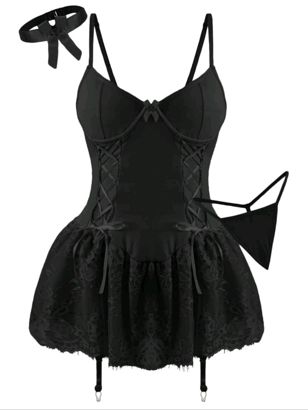 Black Lace-Up Babydoll Chemise with Garter and Thong With Stockings Xl